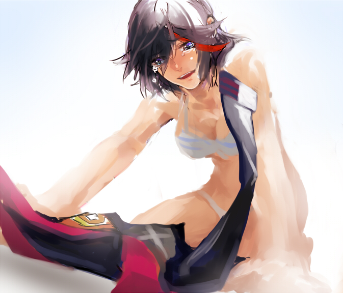 1girl, areno, black_hair, blue_eyes, bra, breasts, cleavage, kill_la_kill