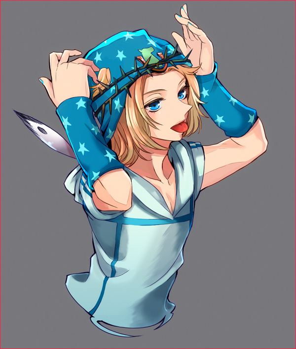 1boy, :p, blonde_hair, blue_eyes, crown_of_thorns, feathers, hat, iseyun, johnny_joestar, jojo_no_kimyou_na_bouken, solo, steel_ball_run, tongue, tongue_out