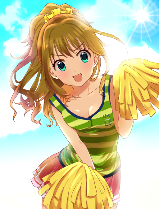 1girl, aqua_eyes, breasts, brown_hair, cleavage, clouds, gyoniku_sausage_funsai_gyokurocha, high_ponytail