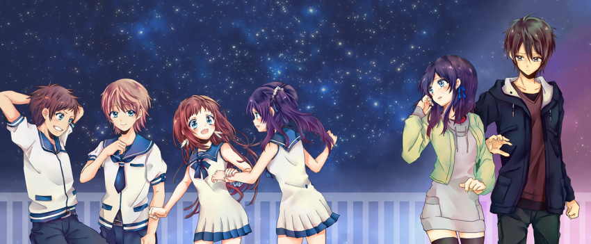 3boys, 3girls, blue_eyes, blue_hair, brown_hair, dual_persona, hanabisdrop, hiradaira_chisaki