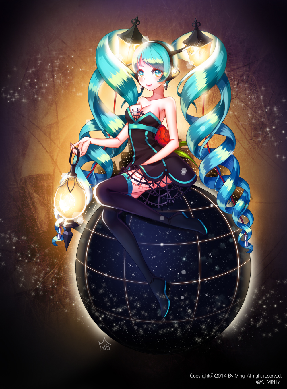 1girl, alternate_costume, alternate_hairstyle, aqua_eyes, aqua_hair, black_legwear, boots, breasts