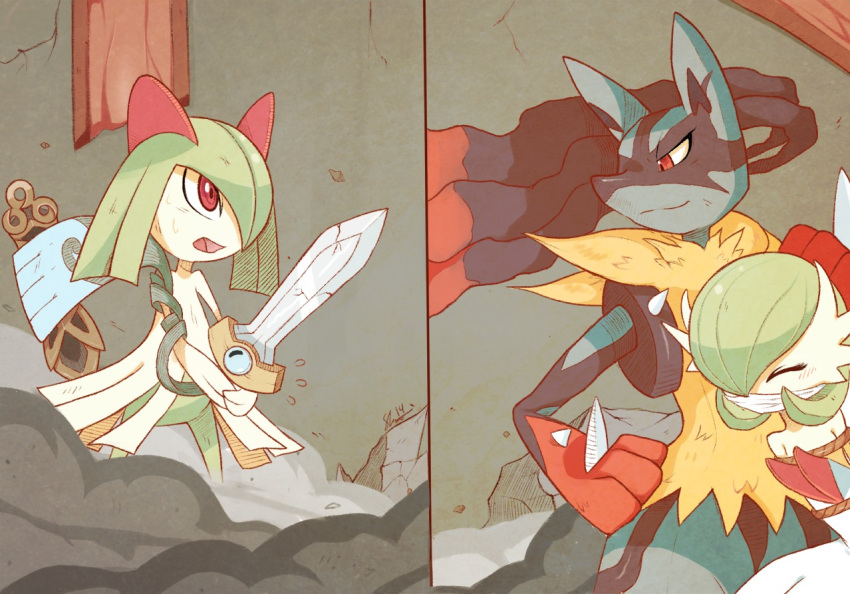 bruise, fantasy, gagged, gallade, gardevoir, green_hair, honedge, injury