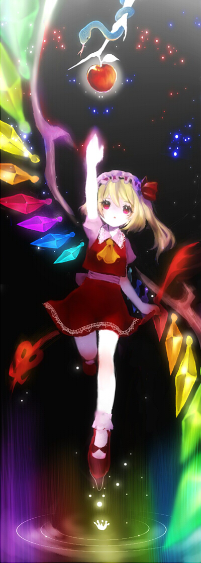 1girl, apple, arm_up, ascot, blonde_hair, darkness, flandre_scarlet, food