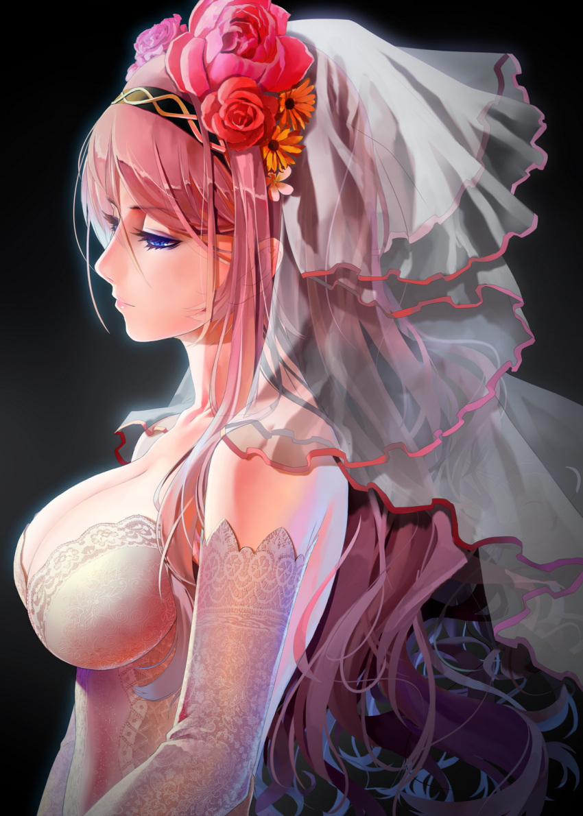 1girl, blue_eyes, breasts, bridal_veil, cleavage, dress, elbow_gloves, gloves