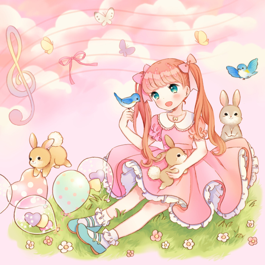 1girl, balloon, bird, blush, butterfly, child, dress, flower
