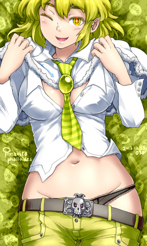 1girl, amanita_phalloides, belt, black_panties, blush, breasts, cleavage, green_eyes