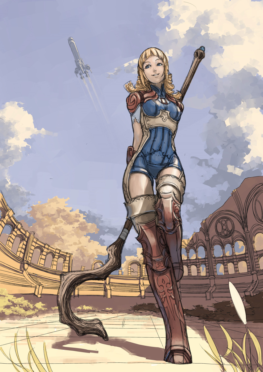 1girl, airship, bangs, blonde_hair, blue_eyes, blunt_bangs, bodysuit, boots, braid, clouds, final_fantasy, final_fantasy_xii, highres, long_hair, moguyobi, penelo, sky, smile, solo, staff, thighhighs, twin_braids, twintails