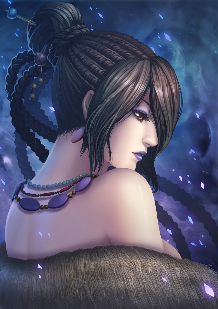 1girl, bare_shoulders, black_hair, blue_background, braid, brown_eyes, diamond_dust, earrings