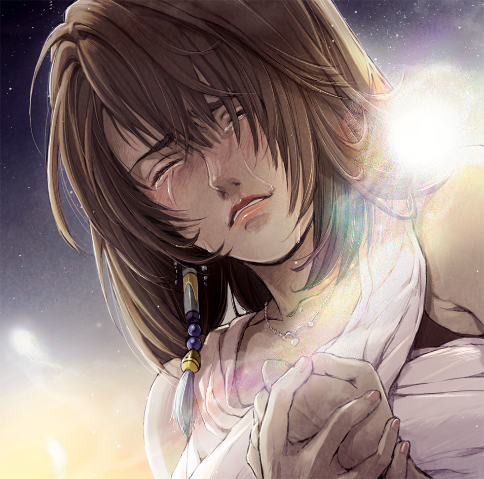 1girl, brown_hair, closed_eyes, crying, final_fantasy, final_fantasy_x, jewelry, natsu_mikan_(level9), necklace, short_hair, solo, tears, yuna
