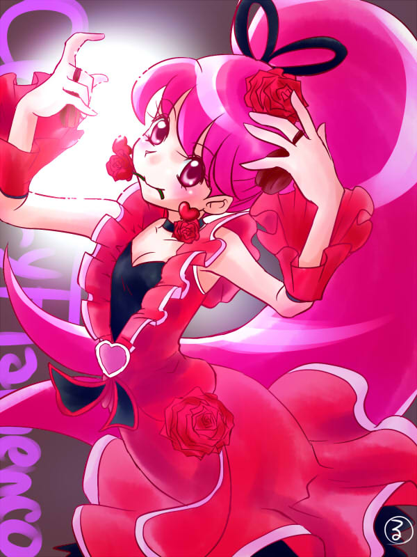 1girl, aino_megumi, alternate_form, cherry_flamenco, choker, cure_lovely, dress, flower