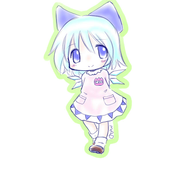 1girl, artist_name, blue_eyes, blue_hair, blush, bow, chibi, cirno, dress, hair_bow, ice, ice_wings, kindergarten_uniform, mad_(kusakabe), shoes, short_hair, smile, socks, solo, touhou, white_background, wings