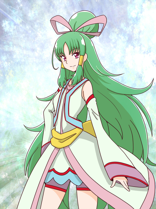 1girl, bakusai, blue_background, bow, cure_empress, detached_sleeves, dokidoki!_precure, dress, green_hair, hair_bow, hair_bun, hair_tubes, long_hair, magical_girl, pink_eyes, precure, smile, solo, topknot, very_long_hair