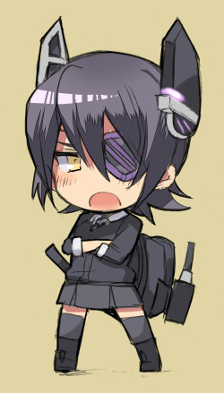 1girl, chibi, crossed_arms, eyepatch, headgear, kantai_collection, looking_at_viewer, lowres