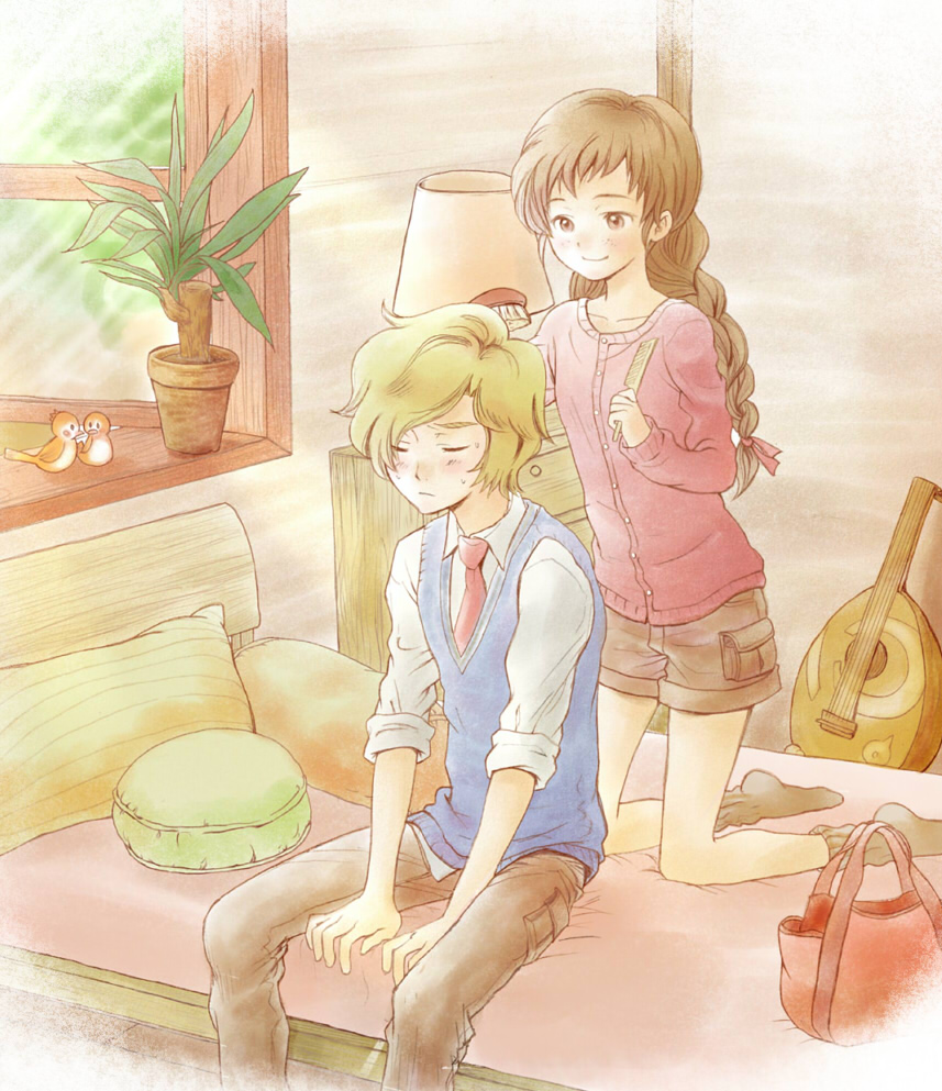 1boy, 1girl, bag, bed, bird, blonde_hair, brown_hair, brushing