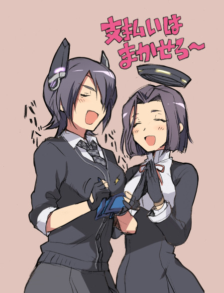 2girls, checkered_necktie, closed_eyes, eyepatch, fingerless_gloves, gloves, headgear, kantai_collection