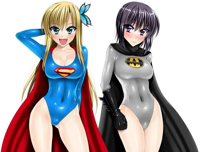 2girls, anzu_(onelelee), batman, batman_(cosplay), black_hair, blonde_hair, blue_eyes, boku_wa_tomodachi_ga_sukunai, breasts, butterfly, butterfly_hair_ornament, cape, cleavage, cosplay, dc_comics, fang, gloves, hair_ornament, highleg, highleg_leotard, highres, kashiwazaki_sena, leotard, long_hair, mikazuki_yozora, multiple_girls, short_hair, superman, superman_(cosplay), violet_eyes