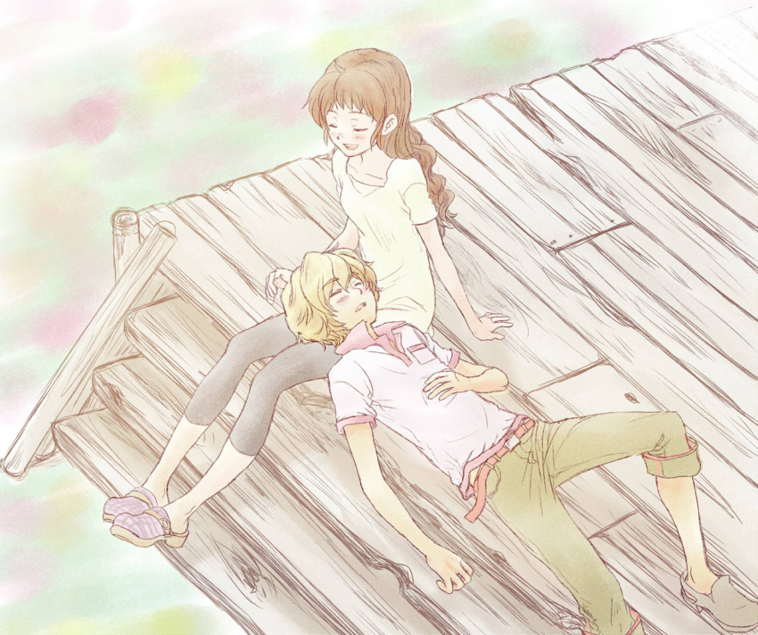 1boy, 1girl, blonde_hair, brown_hair, casual, character_request, freckles, lap_pillow, log_horizon, long_hair, neko_jita, pants, shirt, shoes, singing