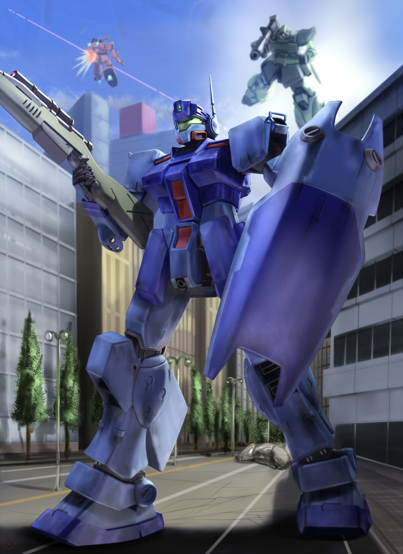 beam_rifle, dom, gm_(mobile_suit), gm_sniper_ii, gun, guncannon, guncannon_mp_type, gundam