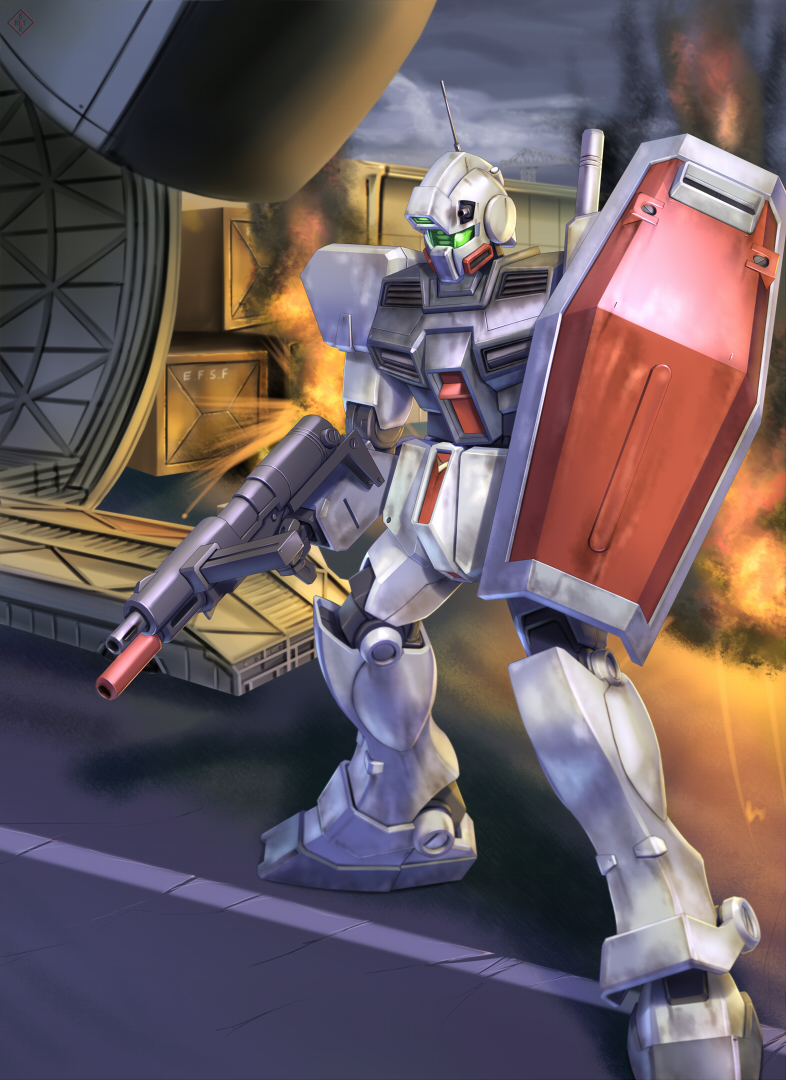 gm_(mobile_suit), gm_cold_districts_type, gun, gundam, gundam_0080, machine_gun, mecha, raybar