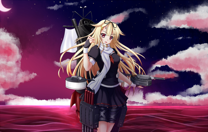 1girl, blonde_hair, bow, cannon, cloudy_sky, crescent_moon, fingerless_gloves, gloves