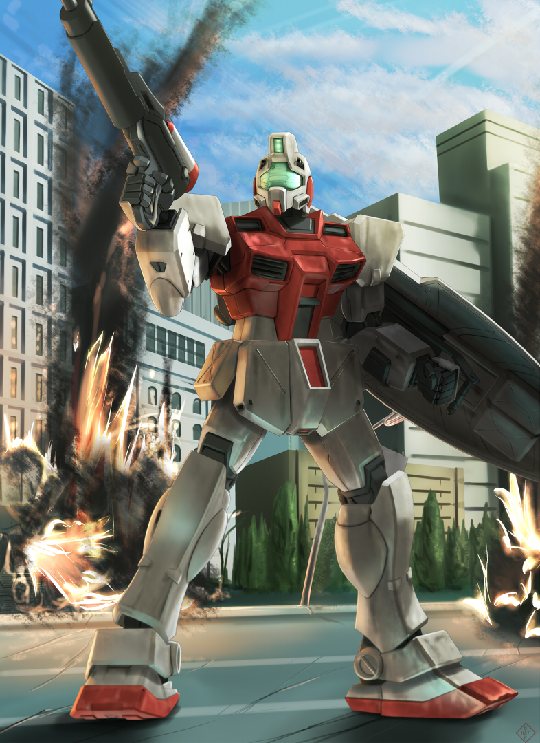 colony_interior, fire, gm_(mobile_suit), gm_command, gun, gundam, gundam_0080, mecha, raybar, shield, smoke, solo, weapon