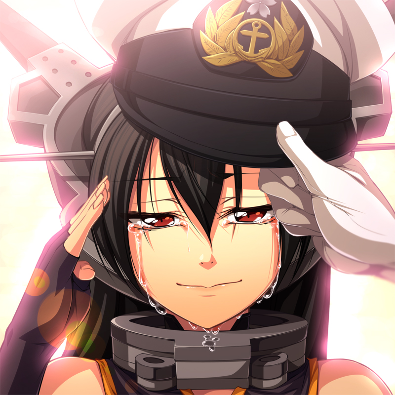 1girl, backlighting, black_hair, chozuru, fingerless_gloves, gloves, hair_ornament, hairband