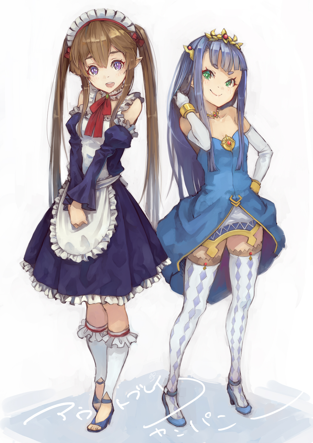 2girls, apron, argyle, argyle_legwear, bare_shoulders, brown_hair, choker, detached_sleeves