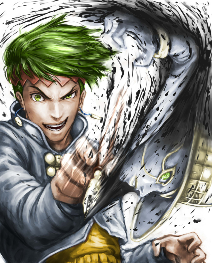 2boys, ceramic_man, earrings, evil_grin, evil_smile, green_eyes, green_hair, grin
