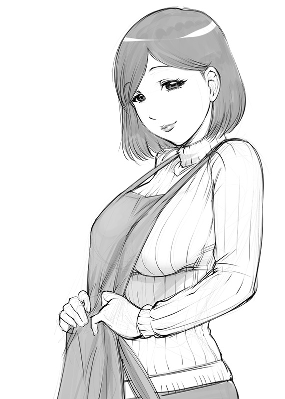 1girl, apron, breasts, large_breasts, lips, looking_at_viewer, monochrome, naughty_face