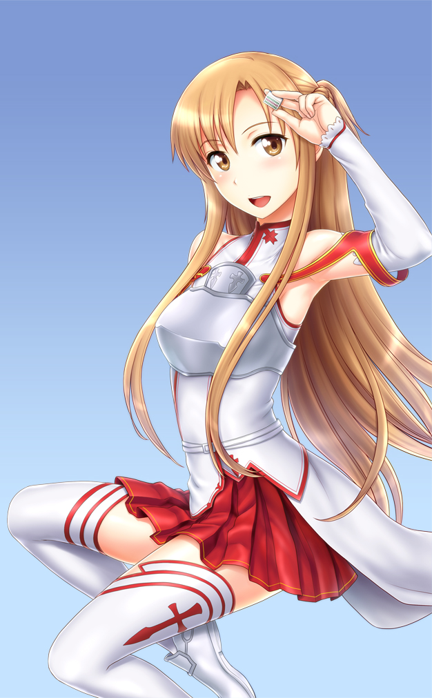 1girl, armpits, asuna_(sao), bare_shoulders, blush, board_game, breastplate, brown_eyes