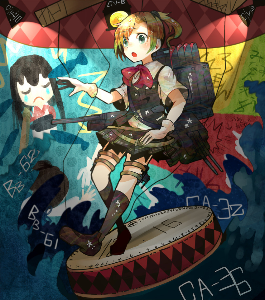 2girls, akagi_(kantai_collection), blonde_hair, blush, bomb, brown_eyes, brown_hair, cannon