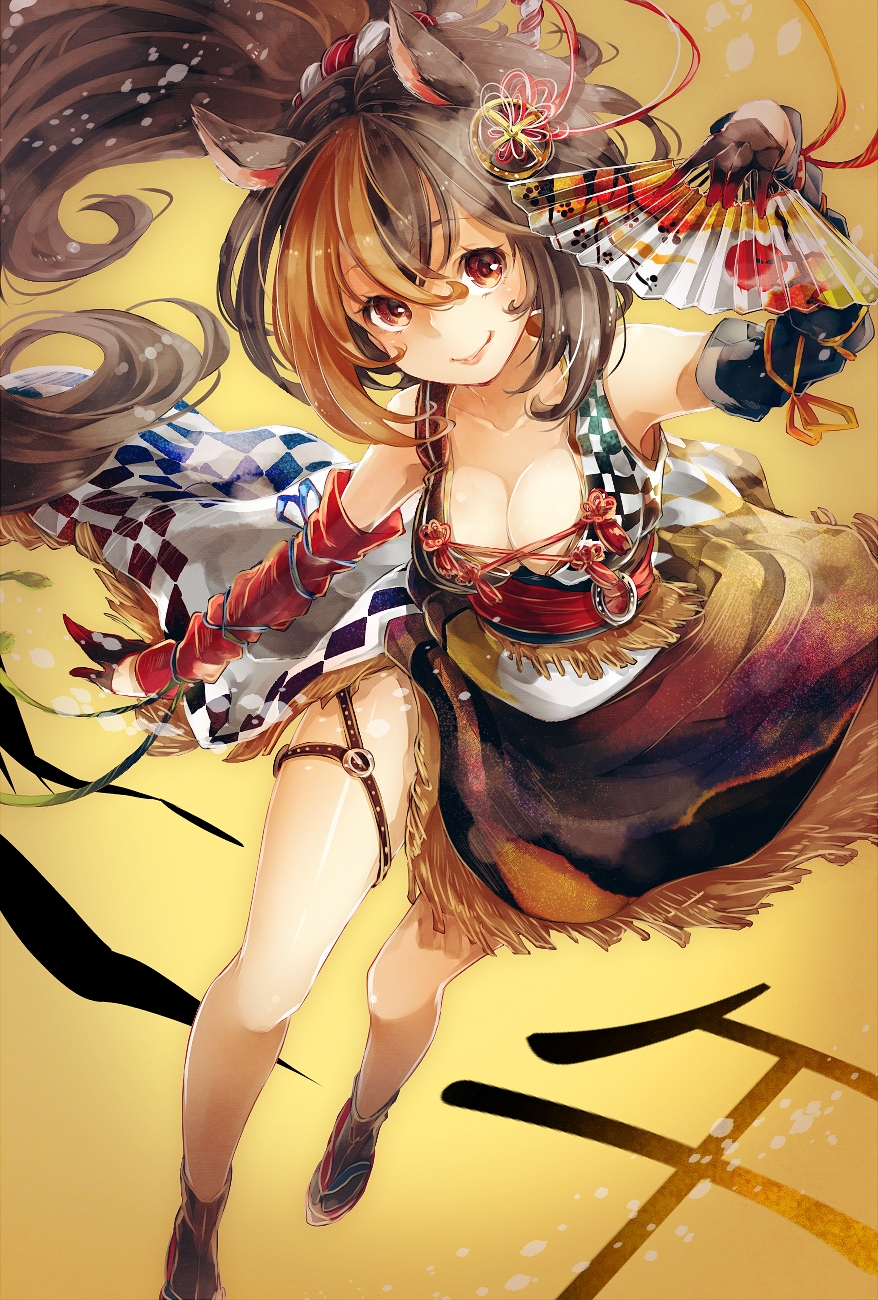 1girl, animal_ears, bare_shoulders, black_hair, breasts, brown_eyes, brown_hair, checkered