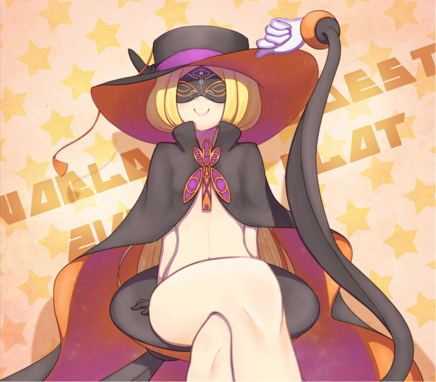 1girl, bare_legs, black_gloves, blonde_hair, cloak, glasses, gloves, half_gloves