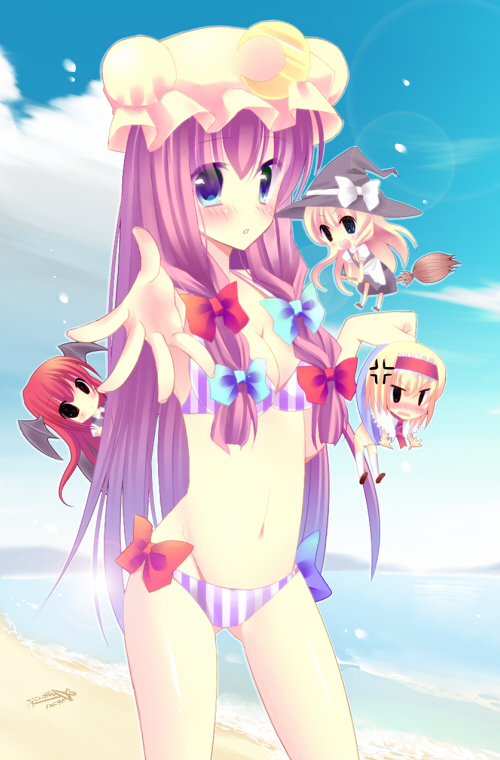 4girls, alice_margatroid, anger_vein, beach, bikini, black_eyes, blonde_hair, blue_eyes