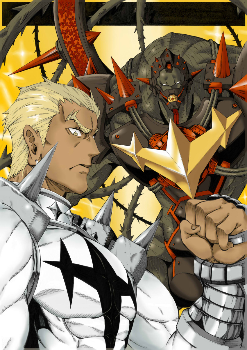 1boy, armor, ball_gag, blonde_hair, clenched_hand, dual_persona, frown, gag, gamagoori_ira, highres, kageneko_shihan, kill_la_kill, male, scourge_regalia, serious, spikes, tan, vines, yellow_background, yellow_eyes