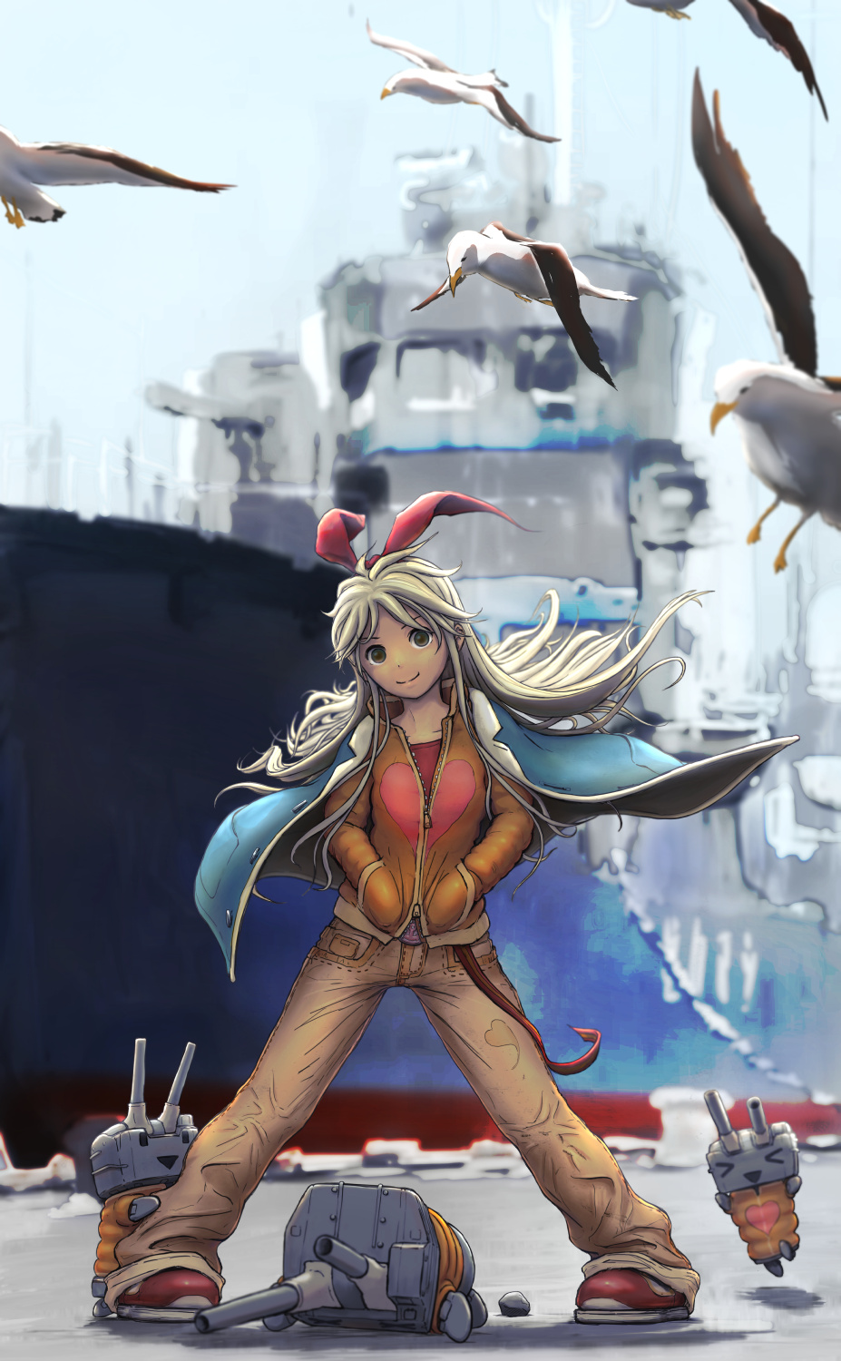 >_<, 1girl, alternate_costume, bird, blonde_hair, hands_in_pockets, heart, highres