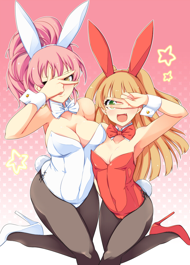 2girls, animal_ears, blonde_hair, bowtie, bunny_tail, bunnysuit, detached_collar, fang