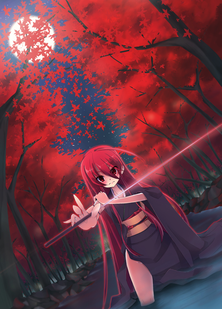 1girl, bad_hands, dutch_angle, foreshortening, forest, full_moon, glowing, japanese_clothes