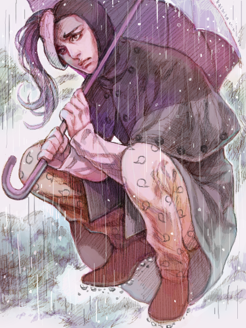 1boy, blackmore, cloak, jojo_no_kimyou_na_bouken, solo, squatting, tegaki, uko_(moi08)