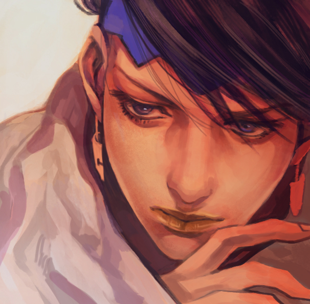 1boy, black_hair, blue_eyes, earrings, headband, jewelry, jojo_no_kimyou_na_bouken, kishibe_rohan