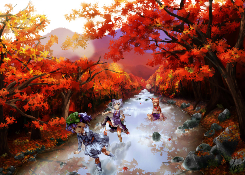 3girls, absurdres, autumn, blue_eyes, blue_hair, boots, bow, breasts
