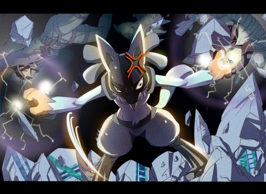1boy, beard, brown_hair, facial_hair, gloves, inubiko, kirby_(series), lucario, meta_knight, metal_gear_solid, pikachu, pokemon, pokemon_(creature), red_eyes, solid_snake, solo_focus, super_smash_bros., sword, weapon