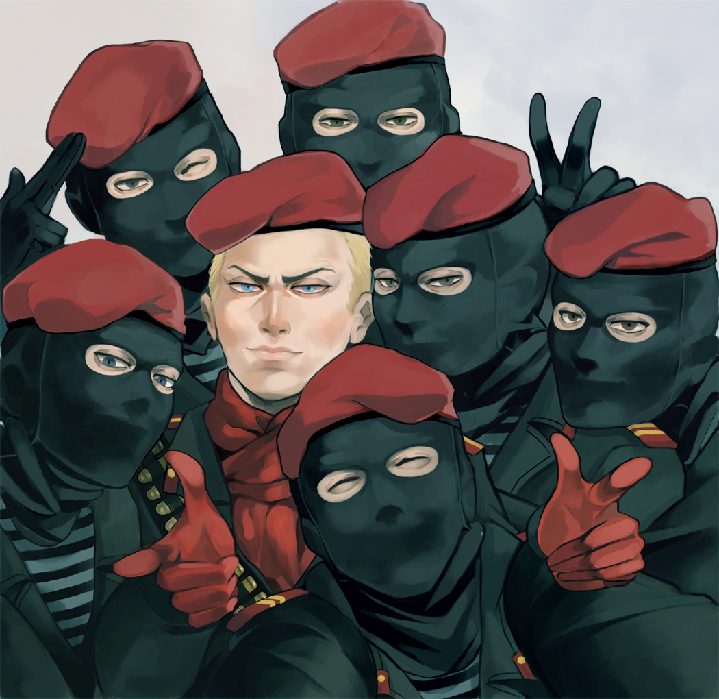 6+boys, balaclava, beret, blonde_hair, blue_eyes, eyebrows, finger_gun, group_shot