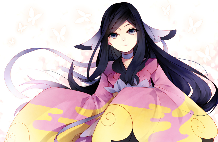 1girl, black_hair, blue_eyes, butterfly, choker, furisode, hair_ornament, hair_ribbon, ice-creamcake, japanese_clothes, kimono, long_hair, long_sleeves, mache_(pokemon), pokemon, pokemon_(game), pokemon_xy, ribbon, smile, solo