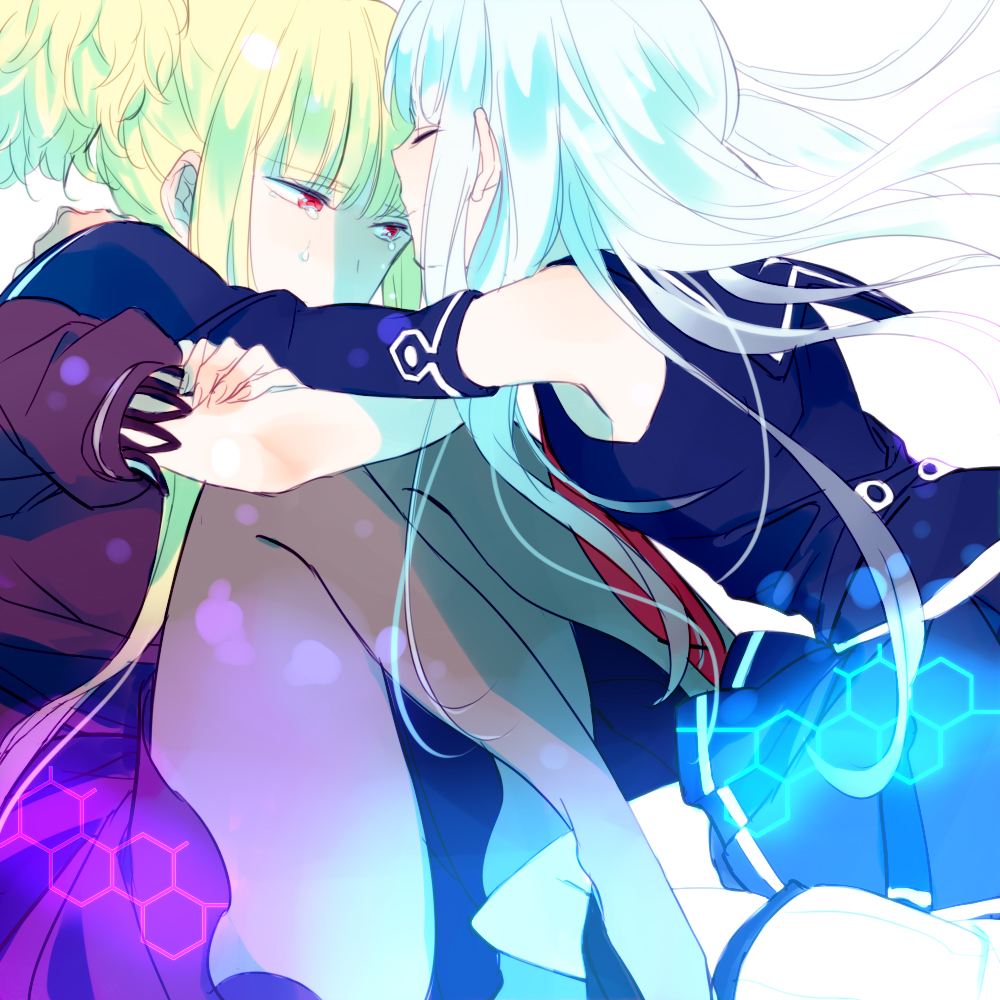 2girls, aoki_hagane_no_arpeggio, blonde_hair, ciora, closed_eyes, crying, detached_sleeves, dress