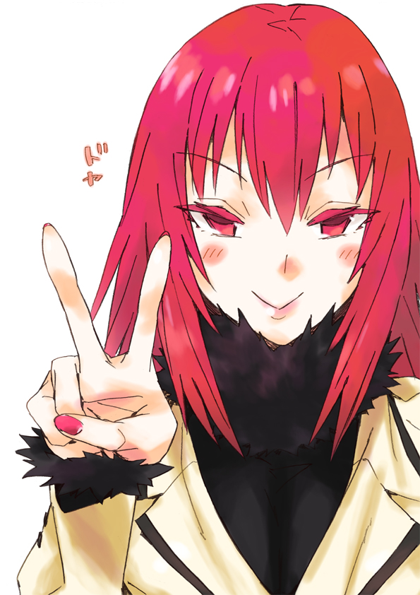 1girl, andou_nene, fur_trim, hyakko, katou_haruaki, long_hair, red_eyes, redhead