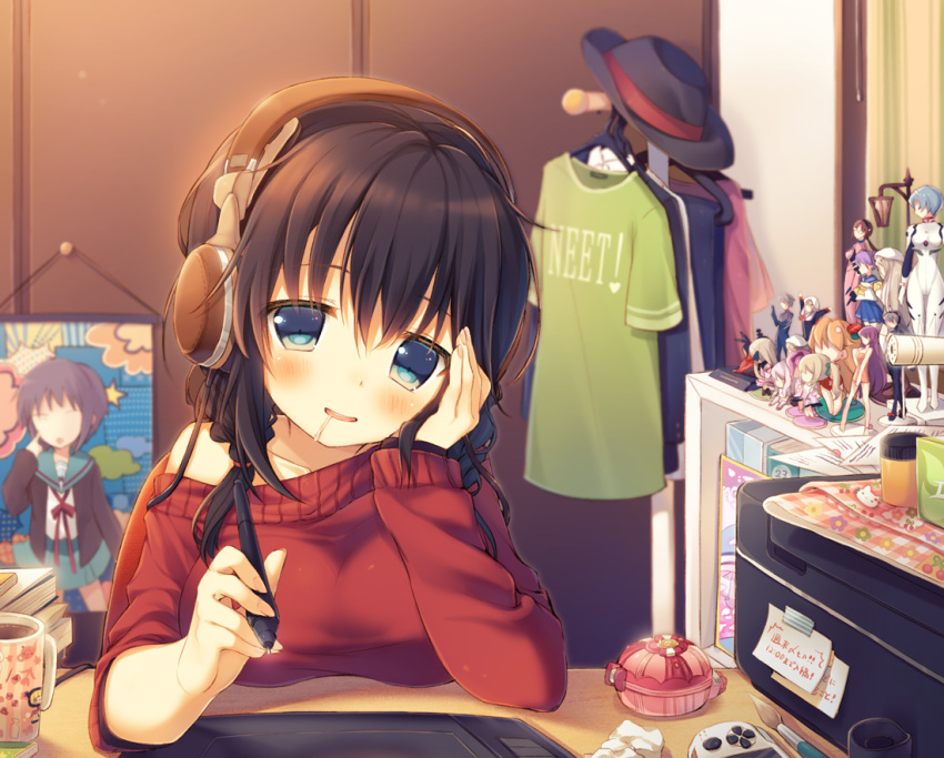 1girl, ayanami_rei, bakemonogatari, black_hair, blue_eyes, blush, braid, drawing, drooling, figure, headphones, hiiragi_kagami, little_busters!!, lucky_star, makinami_mari_illustrious, nagato_yuki, nagisa_kaworu, neon_genesis_evangelion, noumi_kudryavka, original, self-portrait, senjougahara_hitagi, solo, souryuu_asuka_langley, suzumiya_haruhi_no_yuuutsu, sweater, yamucha