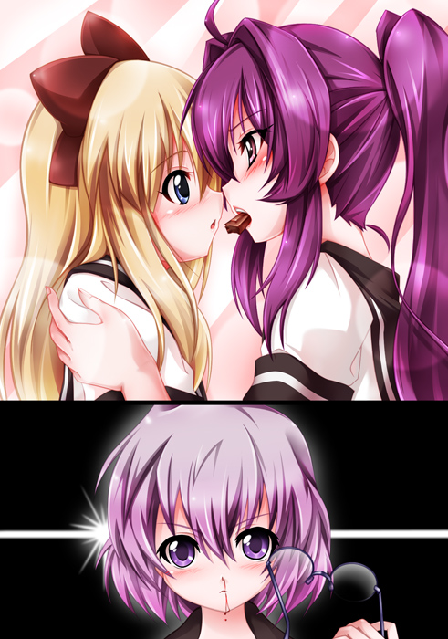 3girls, blood, blue_eyes, bust, chocolate, eye_contact, glasses, glasses_removed