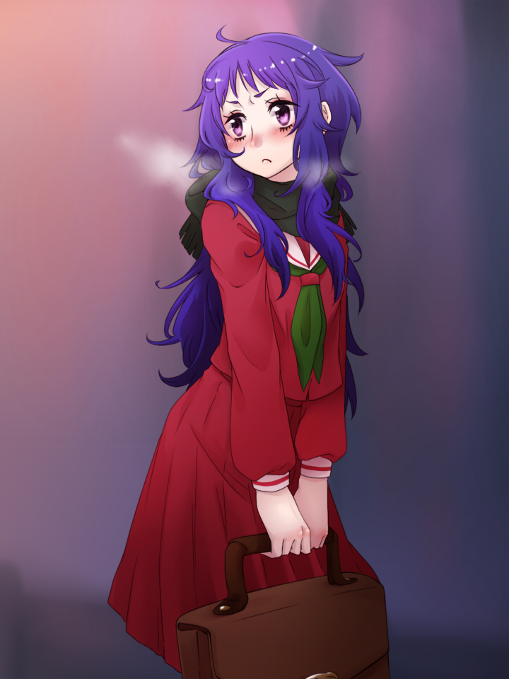 1girl, bag, blush, breath, kalanchoe_xxxx, kirisame_ga_furu_mori, long_hair, purple_hair