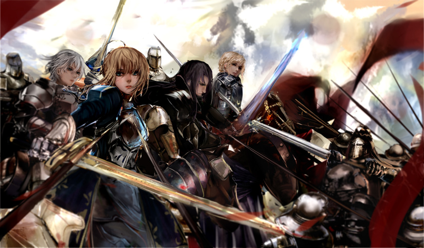 1girl, armor, blonde_hair, excalibur, fate/stay_night, fate/zero, fate_(series), flag